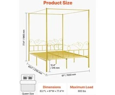 VEVOR Lovos rėmas su baldakimu 160x200, metalinė lova su galvūgaliu, moderni lova su užuolaidomis, dvigulė lova 160 cm, auksinė lova