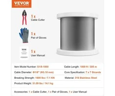 Vevor Nerūdijančio plieno trosas 1/8" 1000 pėdų