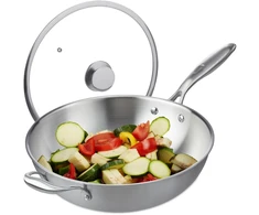 Relaxdays Nerūdijančio plieno wok keptuvė su stikliniu dangčiu