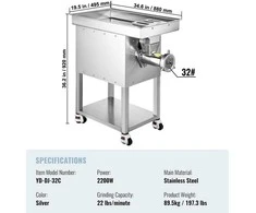 VEVOR Pramoninė elektrinė mėsmalė 89 kg, 22 kg/min 2200 W