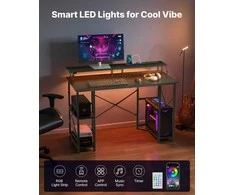 Vevor 120 cm kompiuterio stalas su LED, maitinimo lizdais, apverčiamas žaidimų stalas su monitoriaus stovu, namų biuro darbo vieta, juodas stalas su lentynomis, modernūs baldai