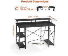 Vevor 120 cm kompiuterio stalas su LED, maitinimo lizdais, apverčiamas žaidimų stalas su monitoriaus stovu, namų biuro darbo vieta, juodas stalas su lentynomis, modernūs baldai