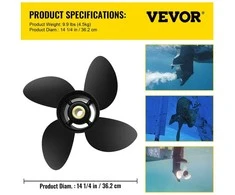 Vevor 14 × 19 col (≈ 35,6 cm × 48,3 cm) keturmenis aliumininis propeleris – dešinės sukimosi krypties, FL‑Torq II jungtis, tinka 135–300 AG laivų varikliams