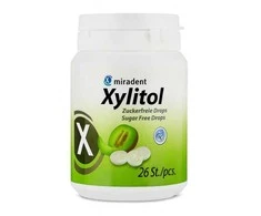 Miradent XYLITOL becukrės pastilės su ksilitoliu melionų skonio, 26 vnt.