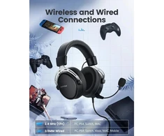 Belaidės ausinės žaidimams Mpow MPBH415 Air 2.4G, juodos-sidabrinės