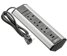 Desk extension cable angled 3x UK socket, 2xUSB 2.1A 5V (sidabrinis) ENGLISH VERSION