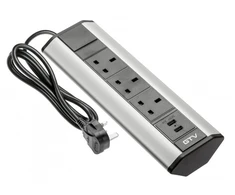Desk extension cable angled 3x UK socket, 2xUSB 2.1A 5V (sidabrinis) ENGLISH VERSION
