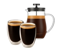 Winder Home Kavos rinkinys: French Press kavinukas 600 ml + 2 borosilikatinės termo stiklinės po 350 ml
