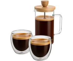 Winder Home Rinkinys: 2 borosilikatinės stiklinės po 250 ml + stūmoklinis kavinukas French Press 350 ml su bambukiniu dangteliu