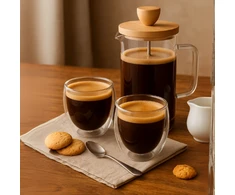 Winder Home Rinkinys: 2 borosilikatinės stiklinės po 250 ml + stūmoklinis kavinukas French Press 350 ml su bambukiniu dangteliu