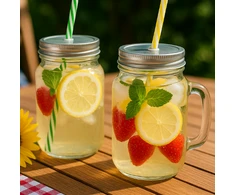 Winder Home Stiklinė su dangteliu ir šiaudeliu – 450 ml, 1 vnt., stiklinis indas gėrimams