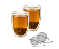 Winder Home Termo stiklinė 350 ml su dvigubomis sienelėmis – 2 vnt. + 2 nerūdijančio plieno arbatos sieteliai