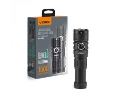 Įkraunamas LED žibintuvėlis 10W 1500Lm 5000K, Li-ion 18350 1100mAh + 18650 2200mAh - 2 keičiamos baterijos pridedamos, VIDEX VLF-A298, žibintuvėlis su reguliuojamo dydžio korpusu