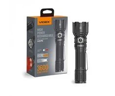 Įkraunamas taktinis LED žibintuvėlis 20W + 3W, 3600Lm 5000K, Li-ion 21700 4000mAh (keičiama į 18650), VIDEX VLF-A376, su rankiniu reguliuojamu šviesos jungikliu ir taktiniu mygtuku