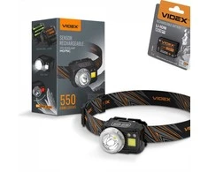 Priekinis žibintas su jutikliu LED įkraunamas 5W + COB 5W, 550Lm 5000K, Li-ion VLF-B12 1200mAh (yra atsarginė baterija) arba 3xAAA, VIDEX VLF-H075C, valdomas rankos gestu