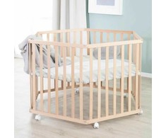 Hegaxonal Baby Playpen - ROBA - LIEBHABEAR - Height Adjustable - Removable Base - 6 Braked Wheels - Natural Wood - Teddy Bear Pa