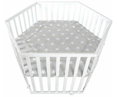 ROBA LITTLE STARS Hegaxonal Baby Playpen - Adjustable Height - Padded Cover - Braked Wheels - Baltas Lacquered Wood - Star Patter