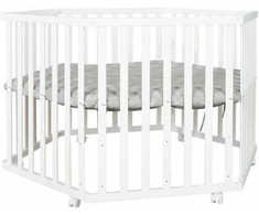 ROBA LITTLE STARS Hegaxonal Baby Playpen - Adjustable Height - Padded Cover - Braked Wheels - Baltas Lacquered Wood - Star Patter