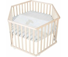 Hegaxonal Baby Playpen - ROBA - LIEBHABEAR - Height Adjustable - Removable Base - 6 Braked Wheels - Natural Wood - Teddy Bear Pa