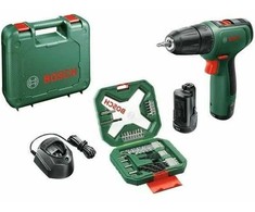 „Bosch DIY“ – akumuliatorinis gręžtuvas-suktuvas „EasyDrill 1200“ + 34 dalių antgalių ir grąžtų rinkinys (2 x ličio jonų akumuliatoriai 1,5 Ah, lagaminas)