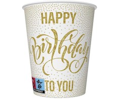 Auksiniai „Happy Birthday“ popieriniai puodeliai su taškeliais, 8 vnt., 250 ml