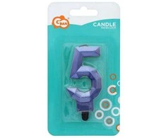 Blue „Number Diamond Metallic Mėlyna“ žvakė „5“, torto formos