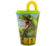Dinozauro tiranozauro formos plastikinis puodelis su šiaudeliu, 430 ml