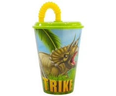 Dinozauro tiranozauro formos plastikinis puodelis su šiaudeliu, 430 ml