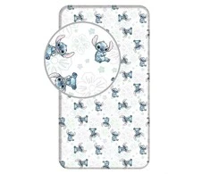 Prześcieradło bawełniane su gumką 90x200 Lilo I Stitch Ohana balta mėlyna vaikams JF24
