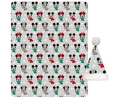 Disney Mickey Noel Minnie koralinio stiliaus vilnos antklodės ir kepurės komplektas