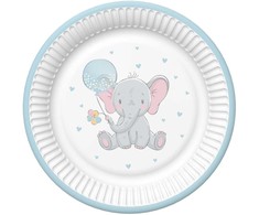 Dramblio mėlynumo balionų popierinių lėkščių rinkinys kūdikiams, 8 vnt., 22,7 cm