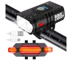 Dviračio žibintai su LED T6 priekiui ir galui, USB įkrovimas