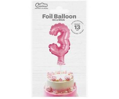 GoDan 13 cm folijos balionas ant pagaliuko „3“ rožinis