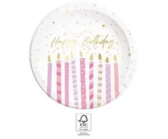 Gimtadienio žvakutės Popierinės lėkštutės „Su gimtadieniu“, 8 vnt., 23 cm, FSC