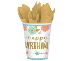 „Happy Birthday Boho“ popieriniai puodeliai, 8 vnt., 250 ml