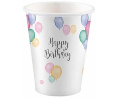 „Happy Birthday“ pastelinių spalvų popierinių puodelių rinkinys, 8 vnt., 250 ml
