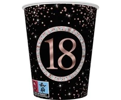 „Happy Birthday“ rožinio aukso spalvos popieriniai puodeliai „Happy Birthday“, 18 vnt., 8 vnt., po 250 ml