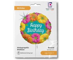 Holografinis folijos balionas „Happy Birthday Blooms“, 46 cm