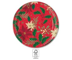 Kalėdinės popierinės lėkštės „Holly Poinsettia“ 8 vnt. 23 cm FSC