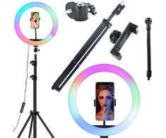 LED žiedinė lempa su RGB, telefono laikikliu ir reguliuojamu stovu