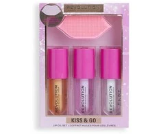 Revolution Make Up Makeup Revolution London Kiss &amp; Go Lip Oil Set Lip Oil rinkinys moterims (Lip Oil Honey 4,5 ml+ Lip Oil Peach Rožinė 4,5 ml+ Lip Oil Watermelon 4,5 ml + Lūpų pilingas )