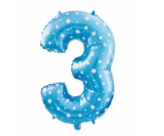 Mėlynas skaičius su žvaigždutėmis, mėlynas folijos balionas „3“, 61 cm