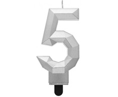„Number Diamond Metallic Sidabrinis 5“ skaitmeninė žvakė, torto formos žvakė