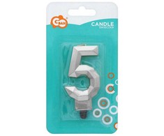 „Number Diamond Metallic Sidabrinis 5“ skaitmeninė žvakė, torto formos žvakė