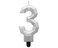 „Number Diamond Metallic Sidabrinis“ žvakė „Number 3“, torto formos žvakė