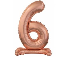 Rožinio aukso spalvos folijos balionas „Skaičius 6“ su pagrindu, 74 cm