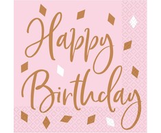 Servetėlės „Happy Birthday“ su rausvais raštais, 16 vnt. pakuotėje, 33 x 33 cm