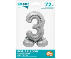 Sidabrinis folijos balionas su skaičiumi 3 ir pagrindu, 72 cm
