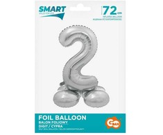 Sidabrinis folijos balionas su skaičiumi 2 ir pagrindu, 72 cm