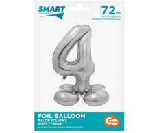 Sidabrinis folijos balionas su skaičiumi 4 ir pagrindu, 72 cm
